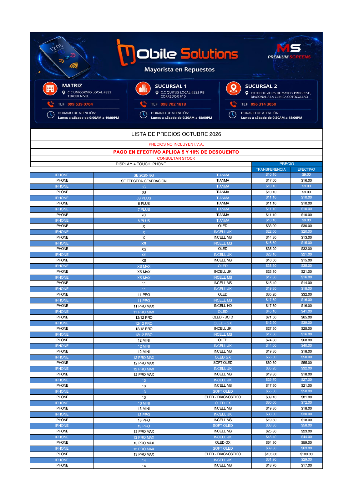 Primera página de la lista de precios de octubre de 2026 de Mobile Solutions